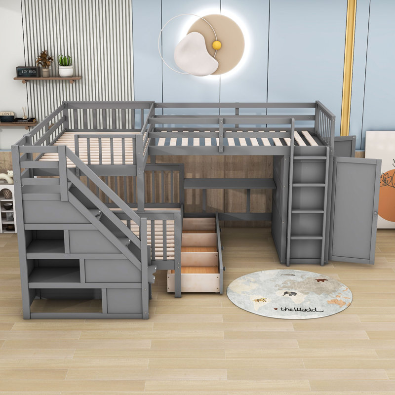 Lit superposé simple au dessus d'un lit double avec tiroirs Jamill Kids, gris