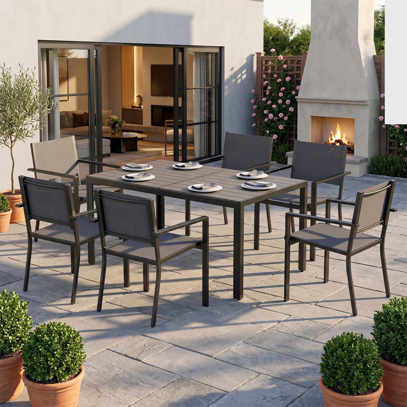 6 - Person Patio Dining Set Rectangular Table, Grey, Dark Grey/Black