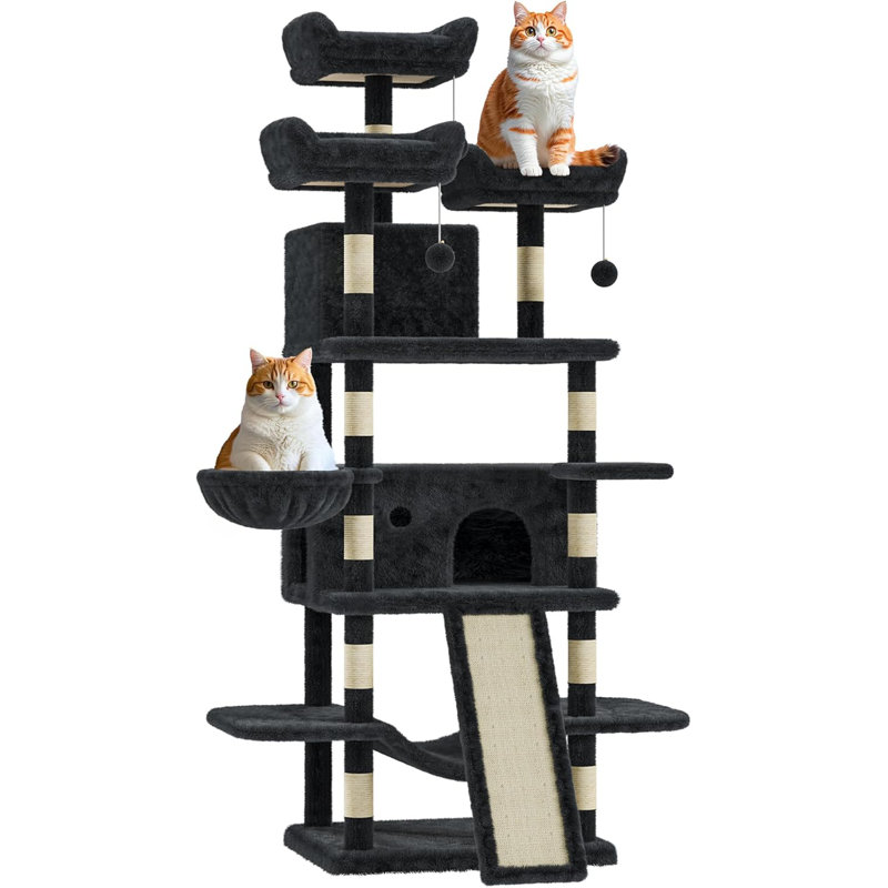 Grand arbre à chat 68,5 po, tour à chat robuste avec condo, perchoirs moelleux, poteaux à griffer en sisal, hamacs, panier, boule pendante