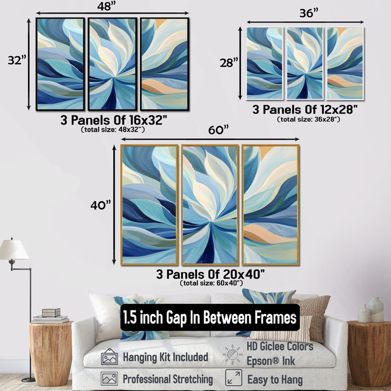 «Blue Faded Leaves» - ensemble d'impression d'art mural feuilles, H 32 po x l 48 po, Reproduction avec cadre flottant
