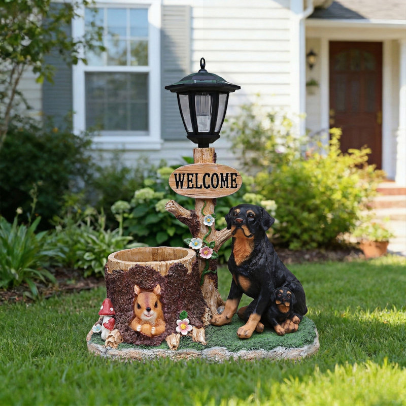 Rottweiler Dog Family Planter Statue, Durable Resin Garden Decor With Realistic Detailing And Versatile Use For Indoor Or Outdoor Spaces.