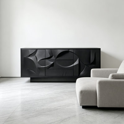 Buffet noir en bois massif à plusieurs couches avec motif en relief, armoire de rangement pour hall d'entrée de luxe rétro