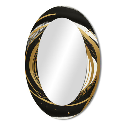 Black, Silver And Gold Blending Swirls III - Black Modern Oval Wall Mirror