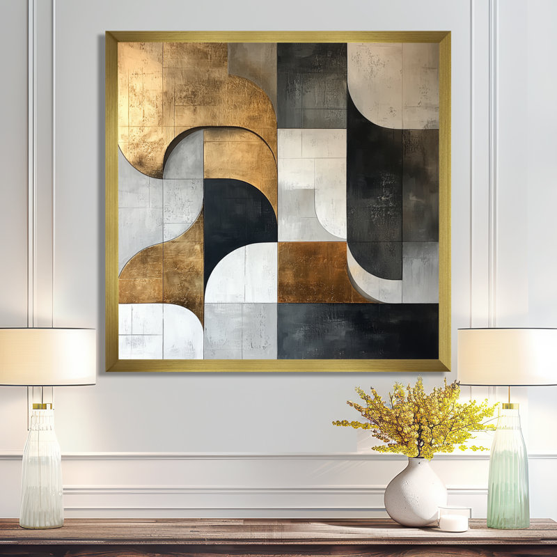 Art mural Nykeria géométrique bleu doré et gris Pure Form I, H 30 po x l 30 po, Picture Framed, Doré