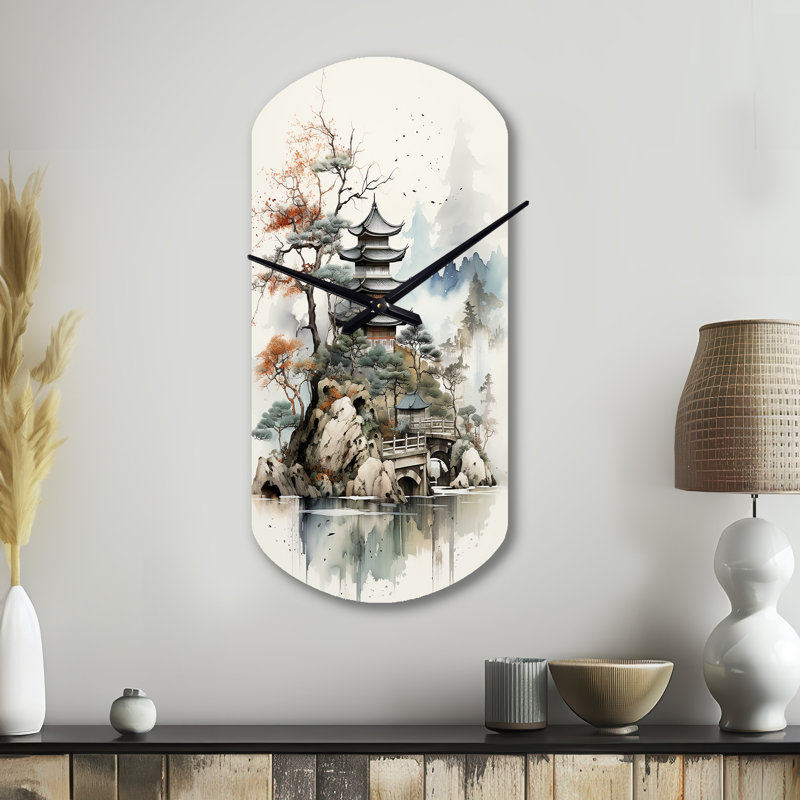 Asian Art Fantasy Sumi II - horloges murales cylindriques en métal asiatique, horloge murale asymétrique verte, Petit