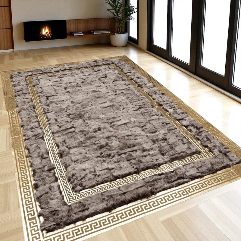 Véritable tapis toscan en cuir véritable fait à la main avec bordure dorée, Rectangle 8 pi 10 po x 12 pi