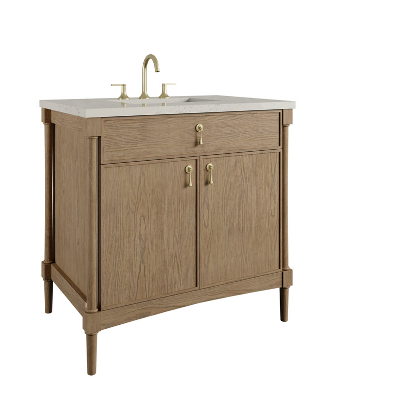 Kinnsden 36" W Single Vanity, Siberian Silestone, 8" Widespread, Weathered Oak