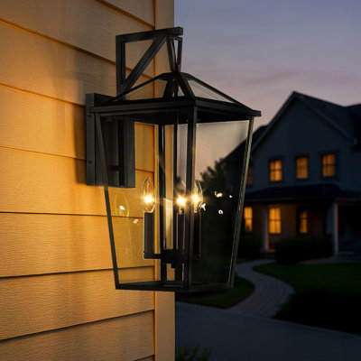 Lanterne murale d'extérieur moderne noir mat moderne avec luminaire extérieur en verre trempé transparent à fond ouvert pour entrée, garage, patio