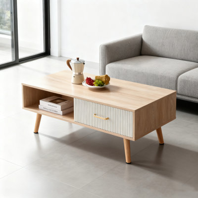 Natural Wood Rectangle Coffee Table – 40.94”l With Sliding Storage Drawer & Solid Wood Legs For Living Room by George Oliver
