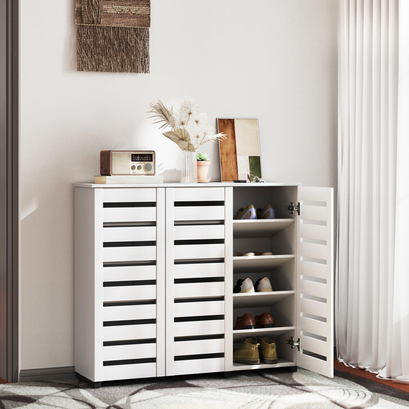Armoire à chaussures étroite pour entrée avec 3 portes à lattes, Blanc