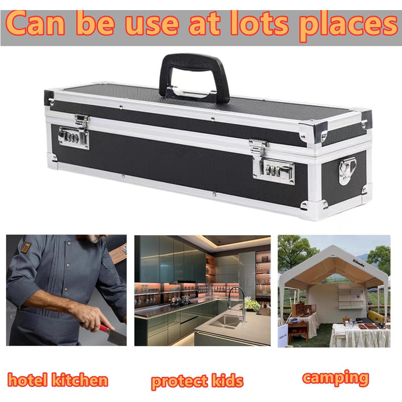 Chef’s Knife Case Aluminum Hard Case with Dual Combination Locks Cultery Carrier Portable Knife Organizer Block Holders Protectors With 8 Slots Can Hold Home Kitchen Knife Tools Up To 17.5”