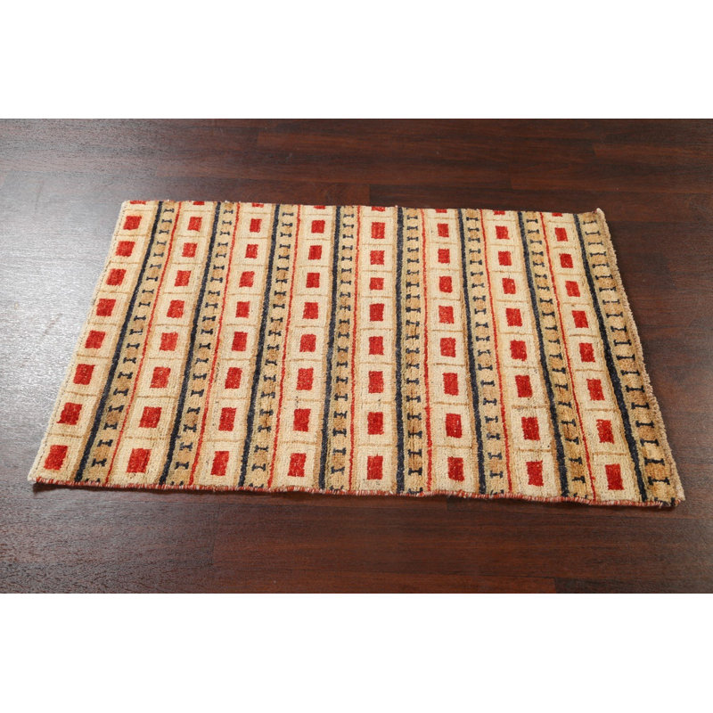 Tapis beige noué à la main de conception unique 2 pi 10 po x 4 pi 2 po