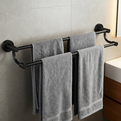 24 Inch Double Towel Bar, Wall Mount, Stainless Steel, Space Saving, Matte Black