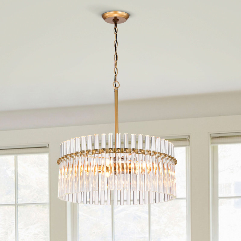 Kaan 5-Light Dimmable Metal and Glass Drum Chandelier, Brushed Brass, 5 Lights