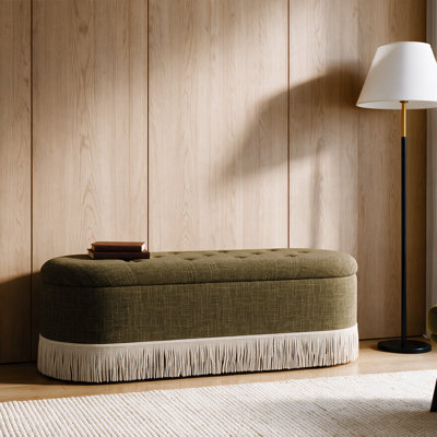 Banc de rangement rembourré bouclé de 47,5 po avec couvercle relevable et pieds en bois massif