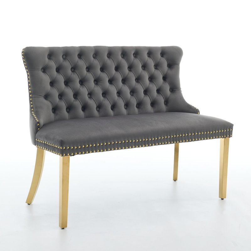 Velvet Double Dining Loveseat Bench, Kitchen & Dining Seating, 2-Seat Tufted Bench W/Handmade Buttons, Wing Back, Gold-Plated Steel Legs, Mid Century Modern,Single Pack,Gray,SW1602GY