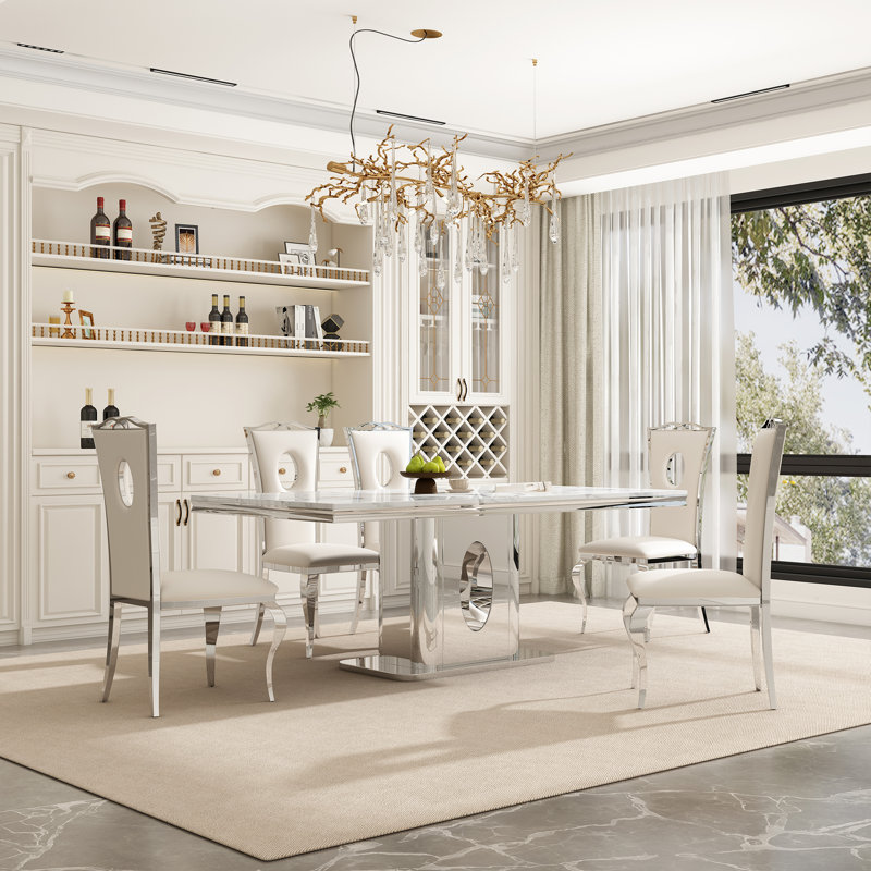78.74" Rectangular Faux Marble Top Pedestal Dining Set, White/Silver