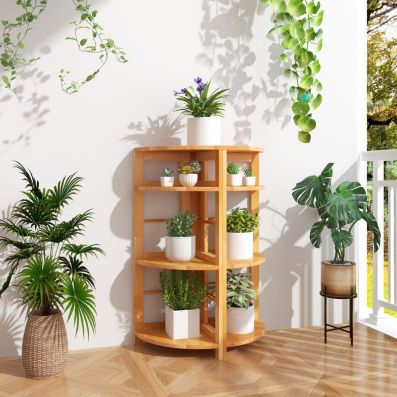 4-Tier Corner Shelf With Rubber Wood Frame And Anti-Toppling Kit