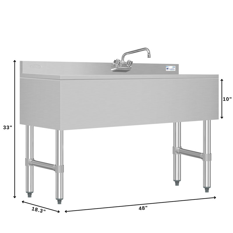 Évier commercial 48 pouces à trois compartiments sous le comptoir avec dosseret de 3 po, égouttoir à gauche et robinet, certifié NSF en acier inoxydable (SBR3B48-L-320)