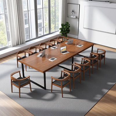 Rectangular Solid Wood Conference Table with Iron Base by 17 Stories