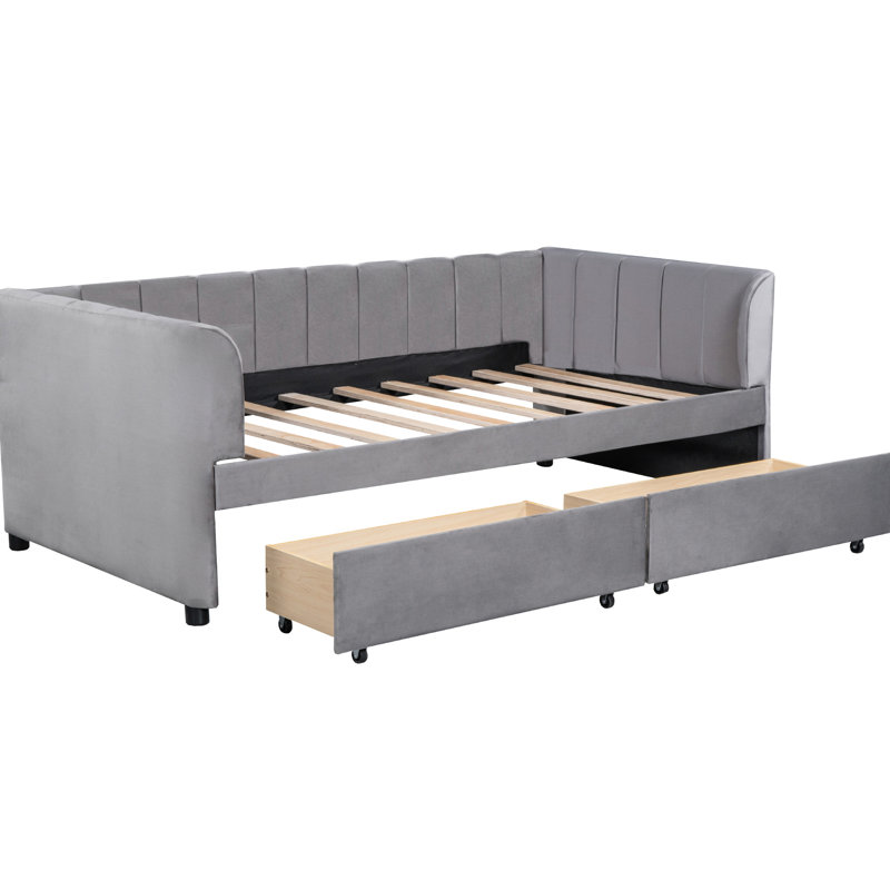 Lit de jour simple avec support pour le dos ergonomique et 2 tiroirs, tiroirs de rangement pratiques en velours gris Elegance