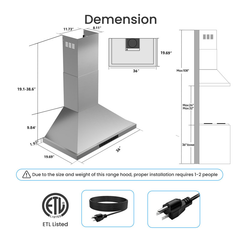 Hotte murale à conduit 36 pouces 600 CFM avec détection de geste intelligente et lumières DEL, Acier Inoxydable