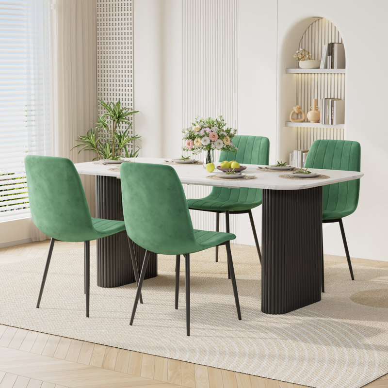 Marble texture 70.9 "Rectangular Dining Table Set, Green, Black, 5