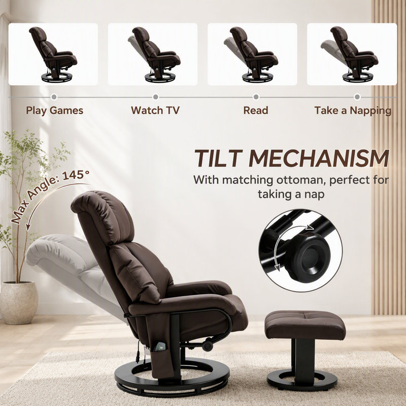 Fauteuil inclinable pivotant de luxe avec repose-pieds, massage par vibrations à 10 points et inclinaison réglable pour une relaxation ultime.