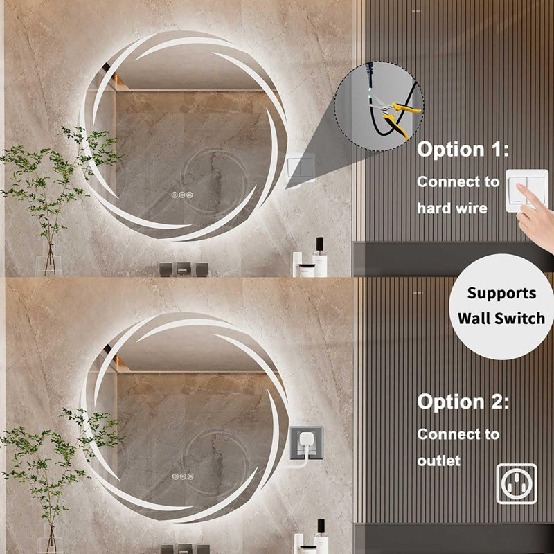 Miroir de salle de bain rétroéclairé à DEL intelligent: Miroirs ronds anti-buée avec éclairage mural 3 lumières