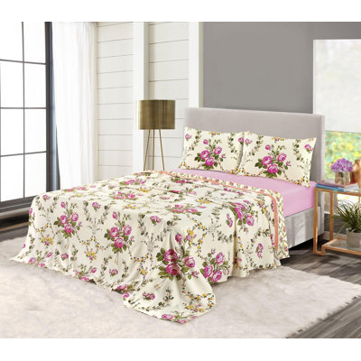 Alisabeth 56 Thread Count Floral 100% Cotton Brushed Sheet Set