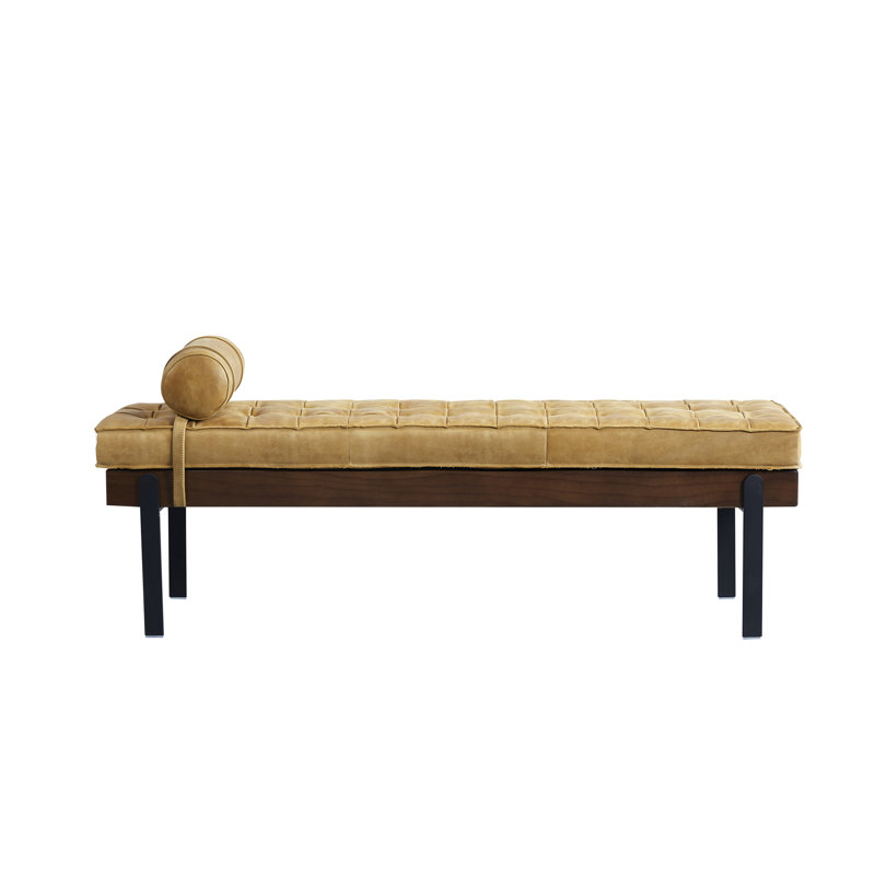Clarkson Solid Wood Frame Genuine Leather Bench, Yellow