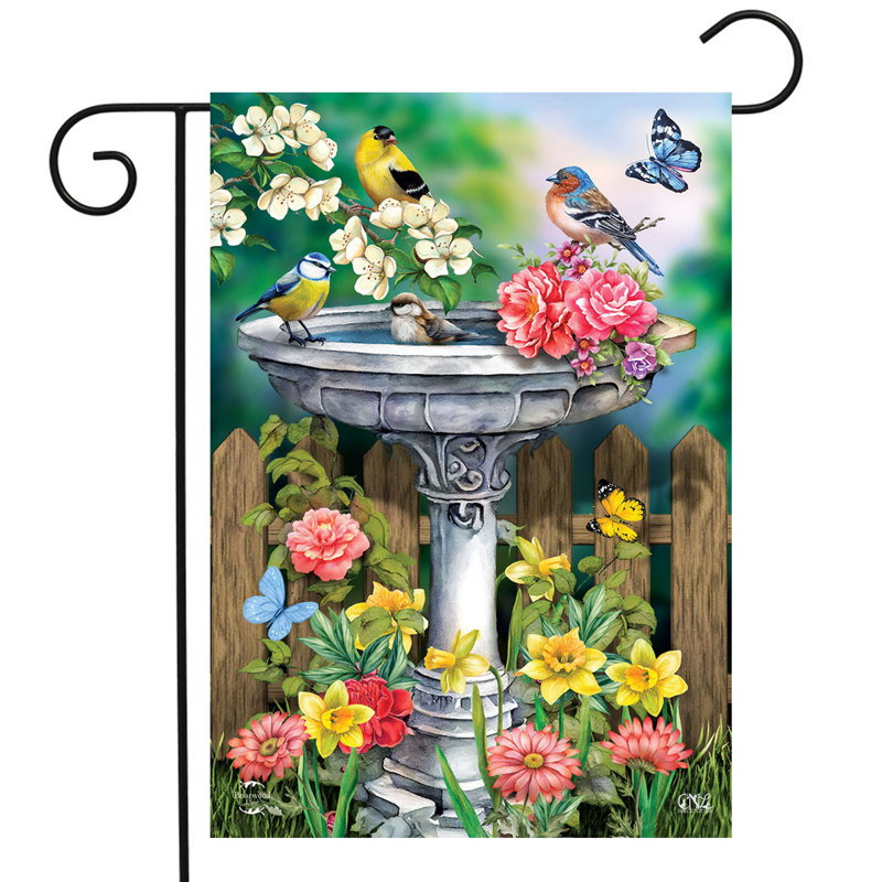 Drapeau de jardin Birdbath In Bloom, Oiseaux gris/jaunes/roses