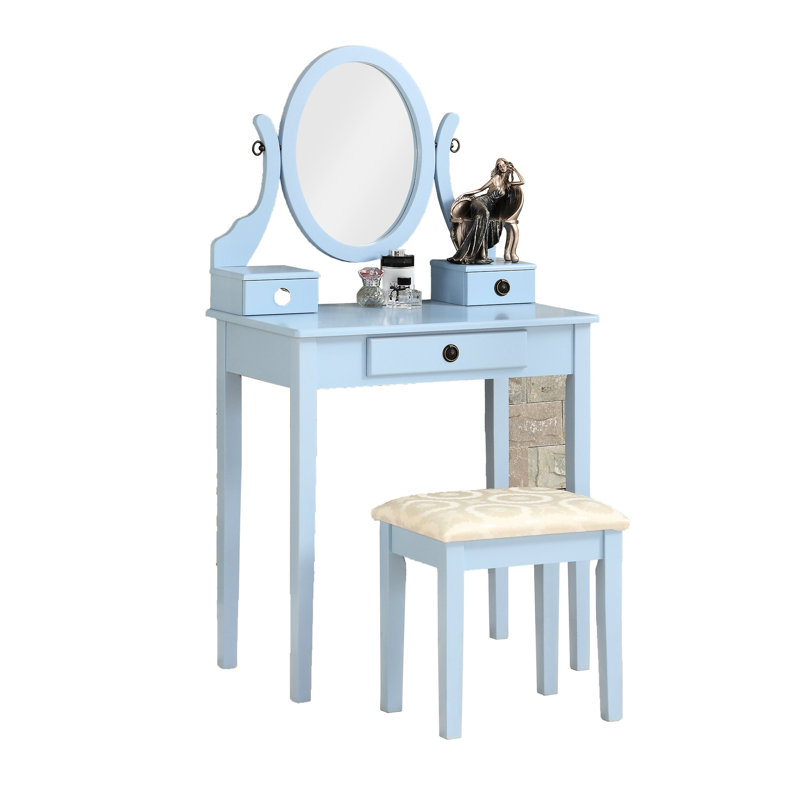 Coiffeuse et table de maquillage bleu - 3 tiroirs de rangement, miroir réglable, tiroir ovale en bois, Bleu
