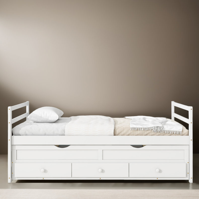 Lit simple avec lit gigogne et tiroirs de rangement, Blanc