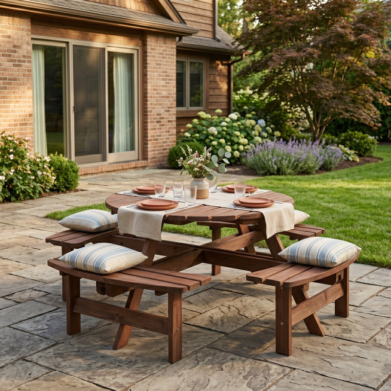 Table de pique-nique 43,3 po en bois 8 personnes avec 4 bancs intégrés, brun, Brown