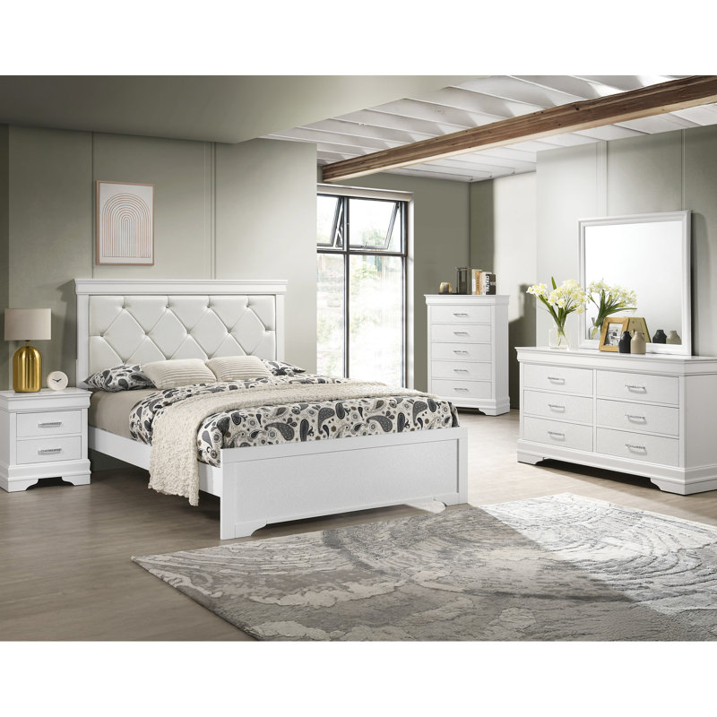 Lit à panneaux pour grand lit avec tête de lit tapissier texturée, finition blanche et structure de tête de lit en bois