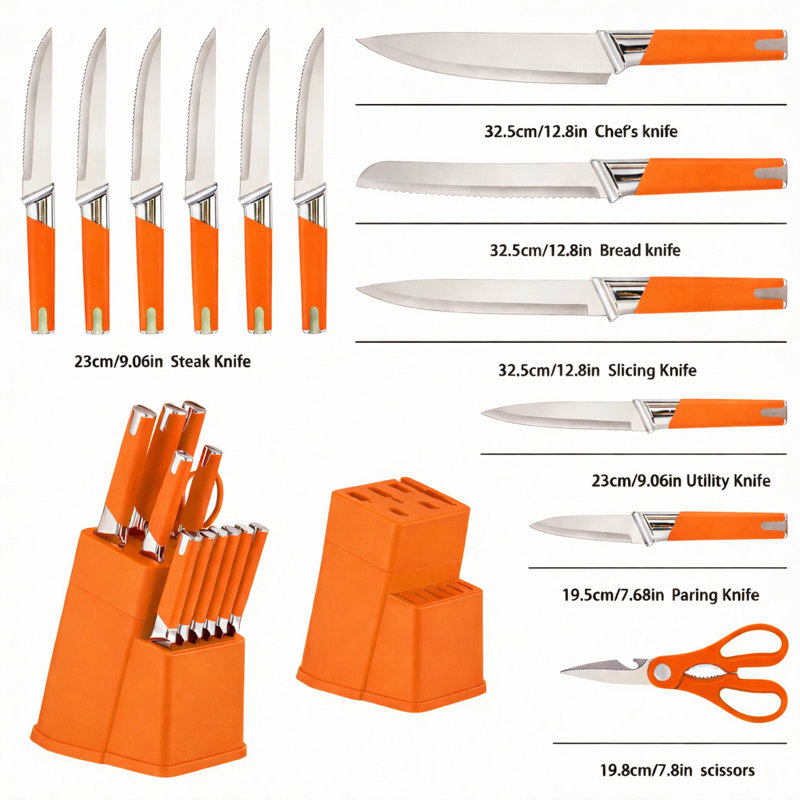 Ensemble de couteaux de cuisine en acier inoxydable 13 pièces Modern, Orange