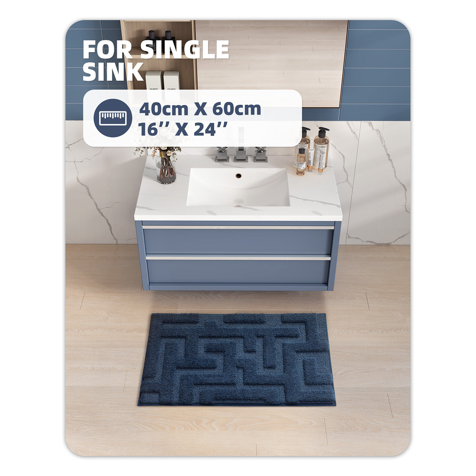 Non-Slip Bath Rug, 16" L x 24" W, Blue