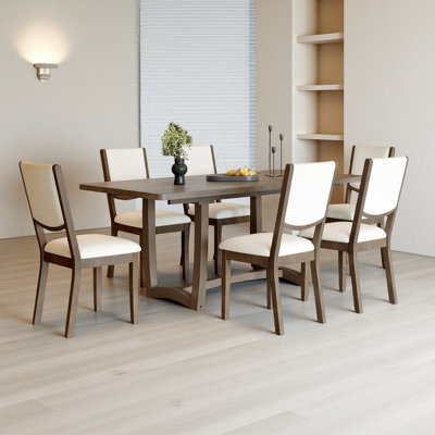 7-Piece Extendable Dining Table Set for 6, Rectangular Kitchen Table with 6 Upholstered Chairs, Curved Back Dining Chairs for Dining Room