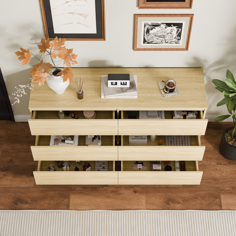 Parleen 52" W 6 Drawer Dresser - Wood Bedroom Dresser, Modern Double Dresser for Bedroom, Oak