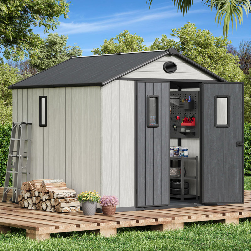 Outdoor Storage Tool Shed With Door And Floor, Plastic Outdoor Storage Shed With Steel Frame, White, White, 8'*8'