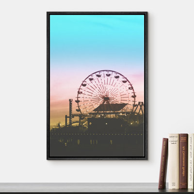 Signature signée, impression sur toile encadrée, grande roue à la jetée au crépuscule, photographie de plage, art moderne, nautique, paysage, coloré, ultra pour le salon, la chambre à coucher, le bureau - 24 po x 36 po - blanc