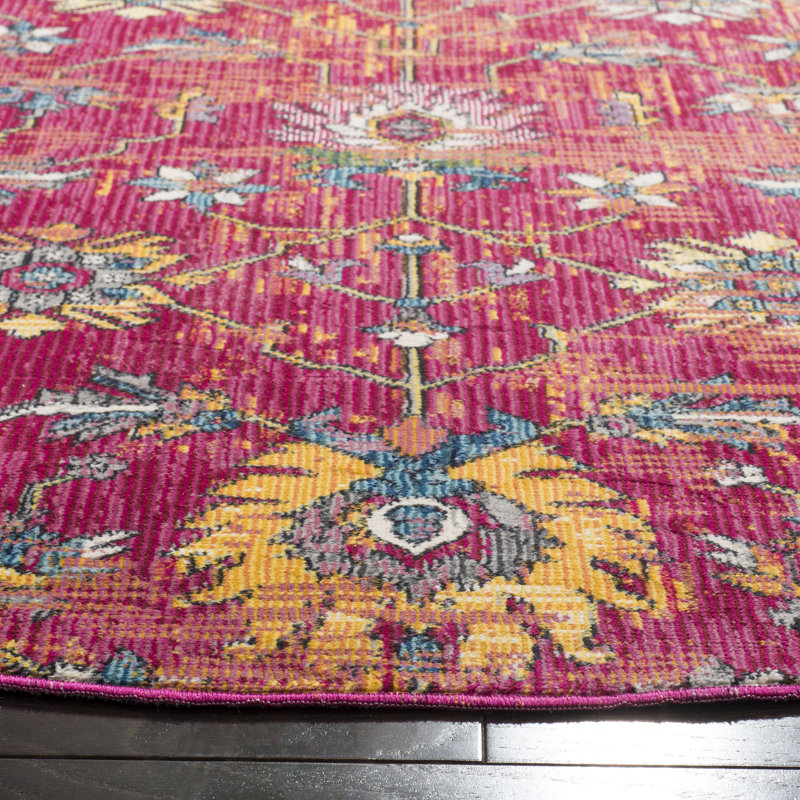Tapis rouge / jaune / bleu en polypropylène tissé à la machine Southwestern, Rond 6 pi 7 po