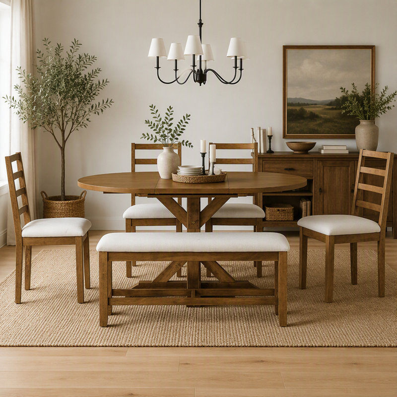 Ensemble de salle à manger extensible de style campagnard 6 pièces avec table de 60 po (rallonge de 18 po), banc de 44 po et 4 chaises à dossier échelle