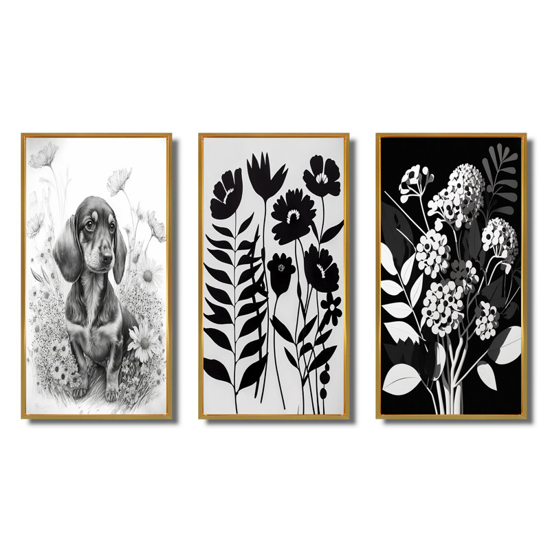 "Teckel et fleurs graphiques blanches", 3 pièces sur toile, Or, H 40 po x l 60 po