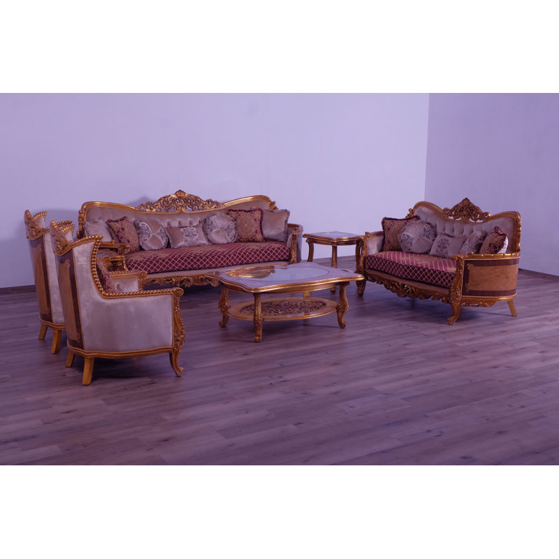 3 Piece Modigliani Sofa Red Gold Fabric, Red Burgundy/Gold