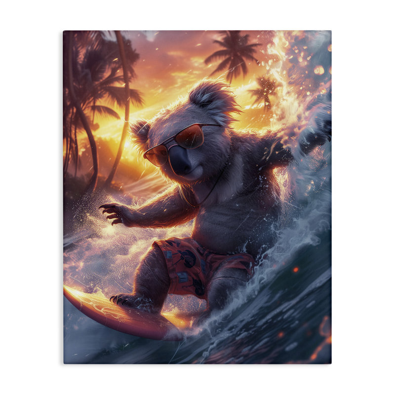 «Surfing Tropical Koala», art mural sur toile par Ray Heere, H 30 po x l 24 po