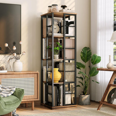4-Tier 360° Rotating Bookshelf with Rails, Spinning Display Tower for Living Room, Bedroom, Study