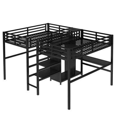 Lit mezzanine simple au-dessus d'un lit simple en métal avec bureau double, armoire et tablettes avec prise électrique pour économiser de l'espace et réduire le bruit