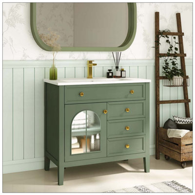 Mid-Century Bathroom Vanity with Motion-Sensor Light & Patterned Glass, Green